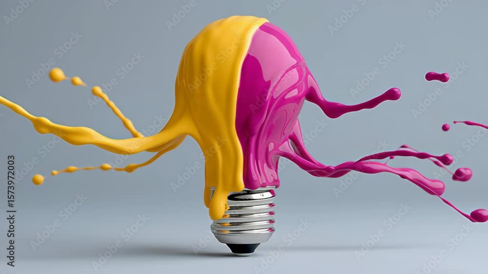Poster light bulb with a yellow and pink paint splatter on it. the splatter is in the shape of a light bulb