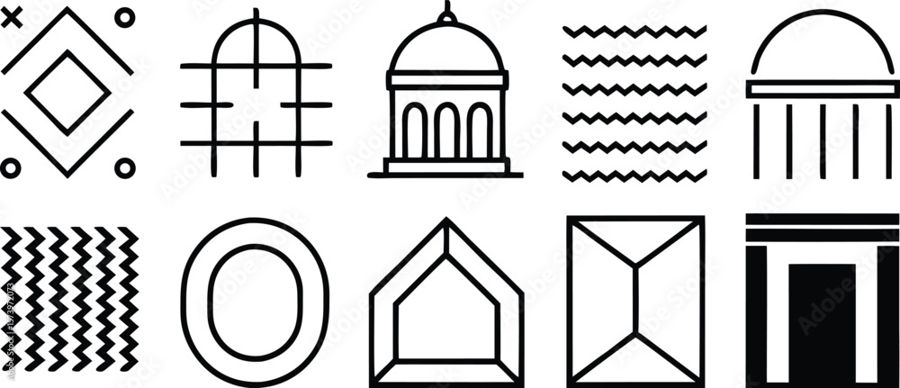 Poster vector art of a collection of ten diverse geometric line art icons and patterns.
