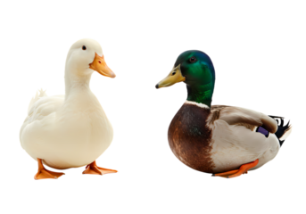White Pekin and Mallard Ducks isolated on transparent background