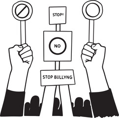 Stand up against bullying: A powerful black and white illustration of two hands holding signs with the words "stop" and "no", standing up to the cause against bullying.