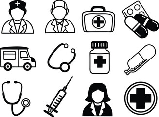 Healthcare Essentials: A collection of essential healthcare icons representing doctors, medical tools, and pharmaceutical items, neatly arranged and ready for versatile use.