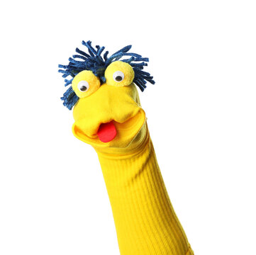 Funny sock puppet with hair isolated on white