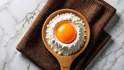 Overhead shot: Egg yolk nestled in flour, wooden bowl, brown towel, marble background; rustic, minimalist, baking concept.