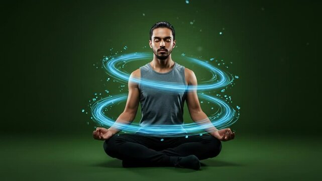 Young Man Sitting Crosslegged Meditating with Virtual Energy Spirals in Green Screen Studio