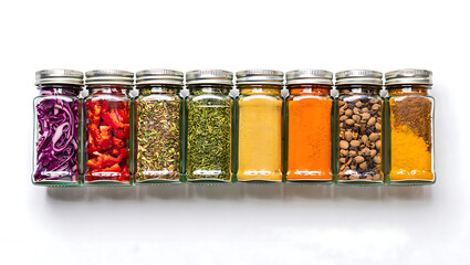 Vibrant Spices and Herbs in Glass Jars: Flat Lay, Colorful, Healthy Food Photography