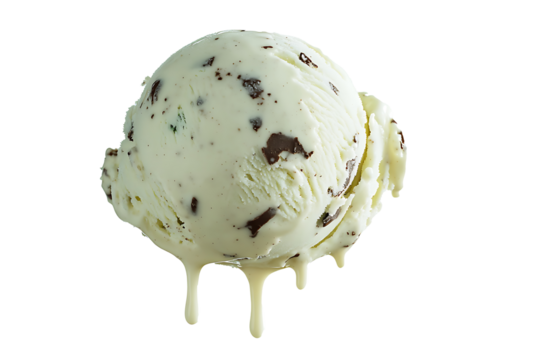 Double scoop of mint chocolate chip ice cream dripping slightly, clean transparent backdrop 