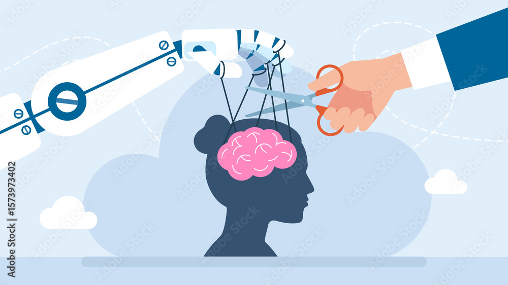 Poster robot hand manipulating woman brain. robot puppet master. dependence on technology. a specialist hel