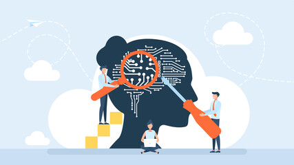 Brain with the neural network on laptop and scientists, tiny people. Woman head with a computer chip. Artificial intelligence, machine learning. Data, brain with a digital circuit. Flat illustration