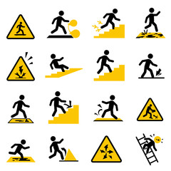 A collection of various warning signs depicting potential hazards and dangers to people.