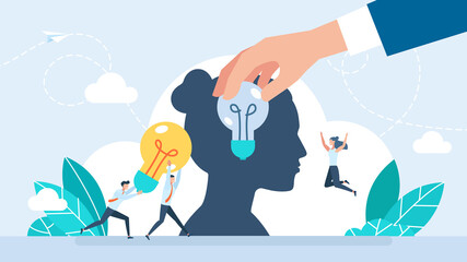 Boost productivity, effective method of skills development for entrepreneur. Mental health, stress. People change broken light bulb inside woman head of leader to bright lamp. Flat illustration