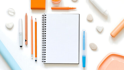 Flatlay: Blank Spiral Notebook, Pastel Pencils, Markers, Stones, Minimalist Workspace, Creative Design,  Orange and Blue Accents.