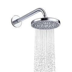 Chrome Shower Head Water Flowing Down Black Background isolated on a transparent background