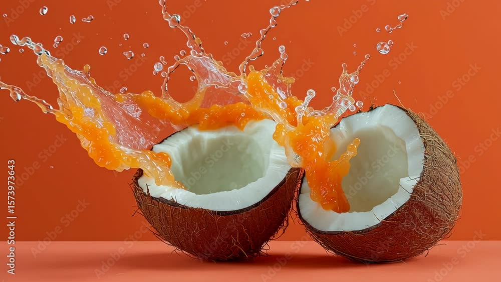 Poster two coconuts with orange juice splashing out of them. the coconuts are cut in half and the juice is 