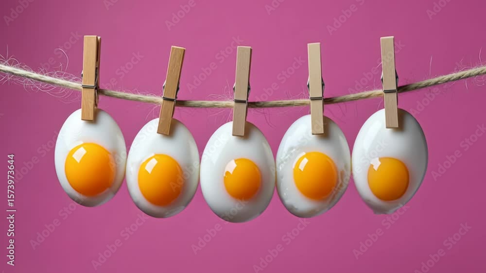 Poster row of five eggs are hanging on a clothesline. the eggs are all different sizes and colors, but they