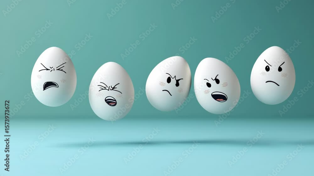 Poster five cartoon eggs with different expressions, including anger and sadness. the eggs are floating in 