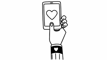 Hand holding smartphone displaying a heart icon with a heart bracelet
