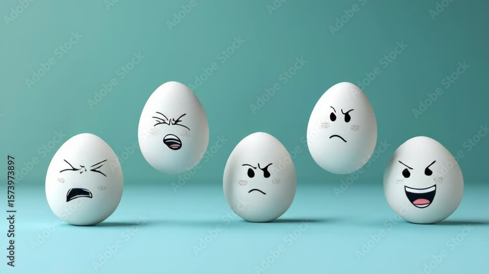 Poster five cartoon eggs with different expressions, including anger and sadness. the eggs are flying throu