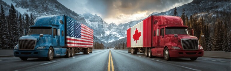 Trucks representing Canada and the United States on a mountain road during winter