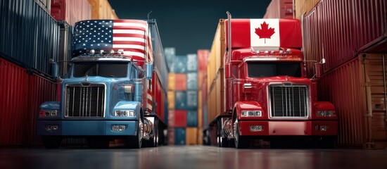 Trucks decorated with national flags parked between shipping containers in a cargo yard during afternoon hours