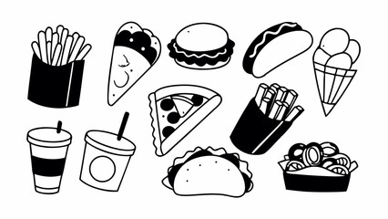 Collection of black and white hand drawn fast food and dessert icons