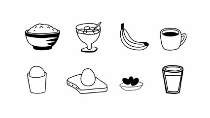 Hand drawn icons of breakfast foods and drinks for a healthy meal