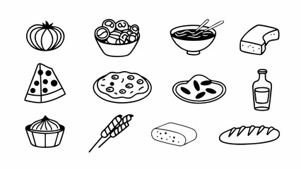 A collection of simple black and white food icons and illustrations