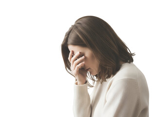 Woman with hand on face expressing sadness and emotional stress on transparent background