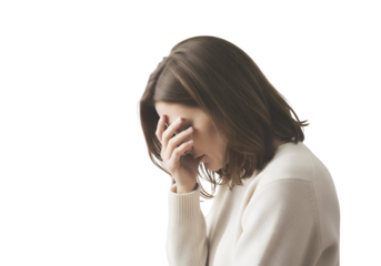 Woman with hand on face expressing sadness and emotional stress on transparent background