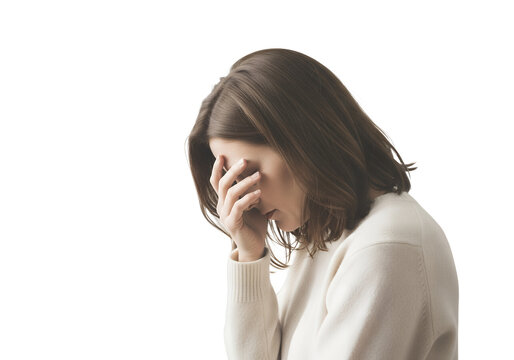 Woman with hand on face expressing sadness and emotional stress on transparent background