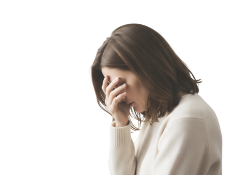 Woman with hand on face expressing sadness and emotional stress on transparent background