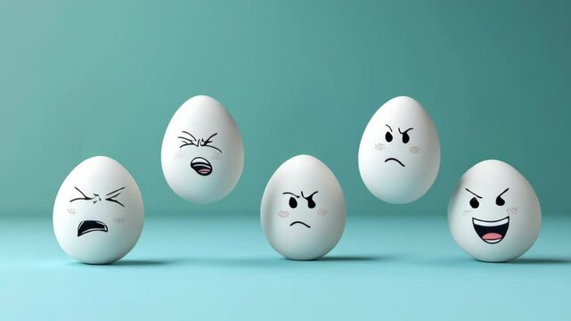 Five cartoon eggs with different expressions, including anger and sadness. The eggs are flying through the air, creating a sense of movement and energy. Scene is one of chaos and unpredictability