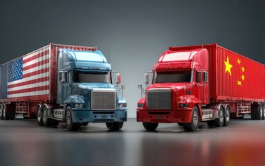 Trucks with American and Chinese flags symbolize international trade in logistics