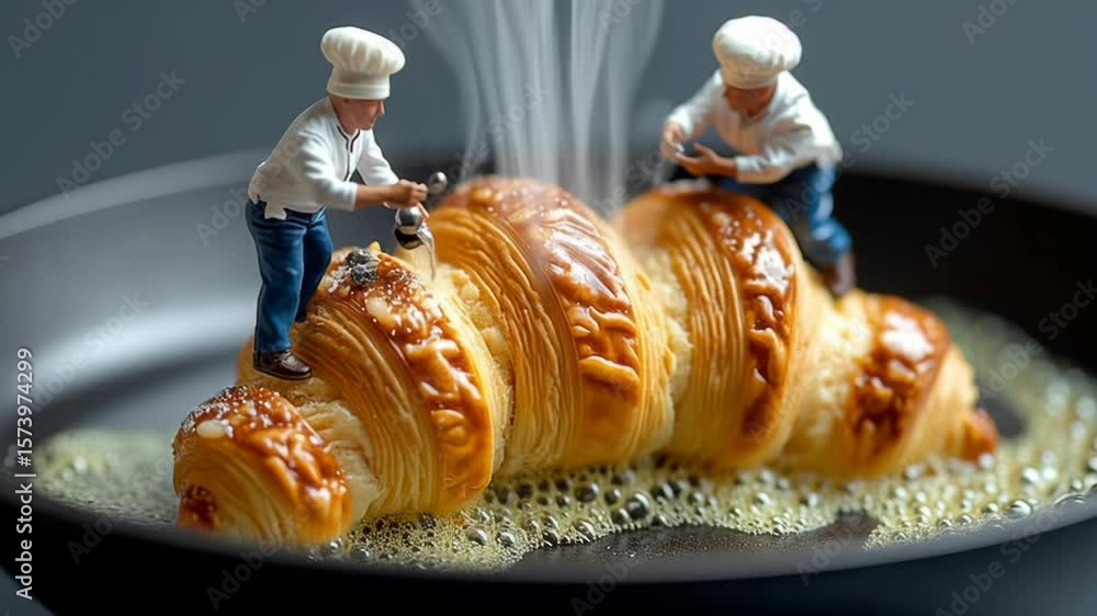 Poster two chefs are working on a pastry in a pan. the pastry is a croissant and the chefs are using a knif
