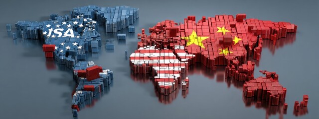 Global power dynamics illustrated through a 3D map of the USA and China in striking colors and textures