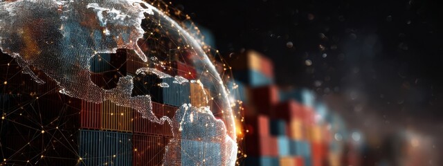Global trade network represented by interconnected data and shipping containers at a bustling port during night