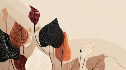 Abstract botanical illustration featuring stylized leaves in earthy tones, arranged asymmetrically against a muted beige background with subtle organic shapes