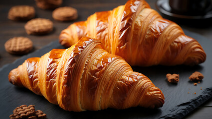 Two golden-brown croissants and chocolate cookies on dark slate, close-up, delicious bakery image.