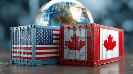 Trade between Canada and the United States represented by containers and a globe in a business setting