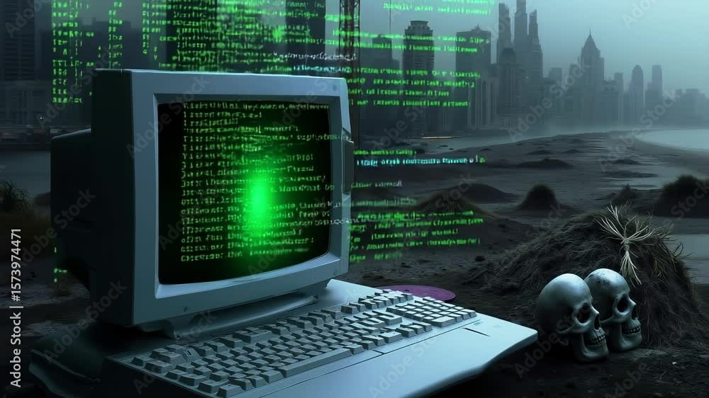 Poster a computer monitor sitting on top of a desk next to a skull