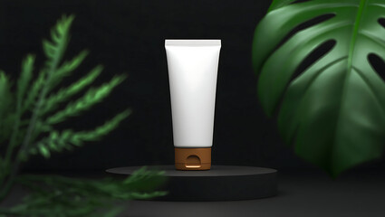 Luxury Cosmetic Tube Mockup:  Elegant White Tube with Copper Cap, Dark Background, Tropical Foliage.