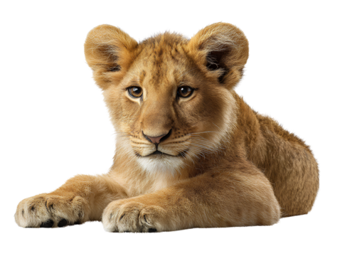 Cute lion cub lying down looking at camera white background