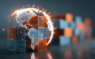 Global trade network represented through interconnected cargo containers and a digital globe illuminated by technology