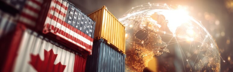 Global trade at a shipping port featuring cargo containers from the United States and Canada around a digital globe