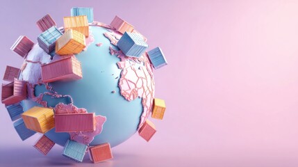 Global trade represented by shipping containers on a stylized globe in a pastel color setting