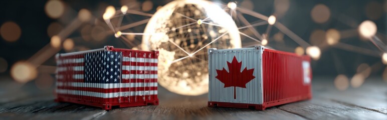 Shipping containers featuring US and Canadian flags represent cross-border trade and partnership in a global marketplace