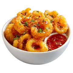  Fried calamari with hot sauce in a bowl, transparent background