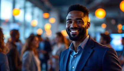 Smiling Man in Blue Suit at Business Networking Event
