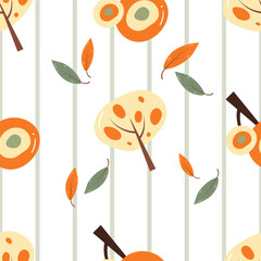 Trees and leaves on a green and white stripe background. Autumn seamless pattern for clothing, fabric, wallpaper, backdrop, home decoration, cover book, and wall art.
