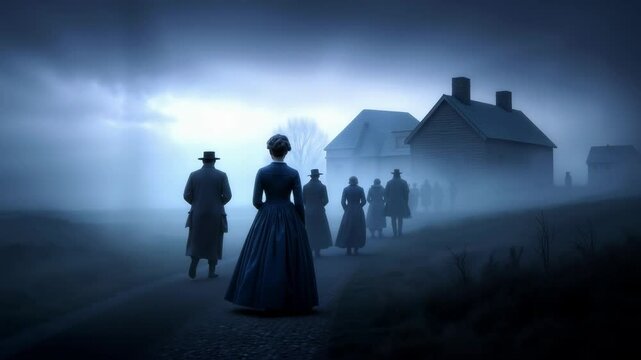 A group of people walking down a foggy road in front of a house