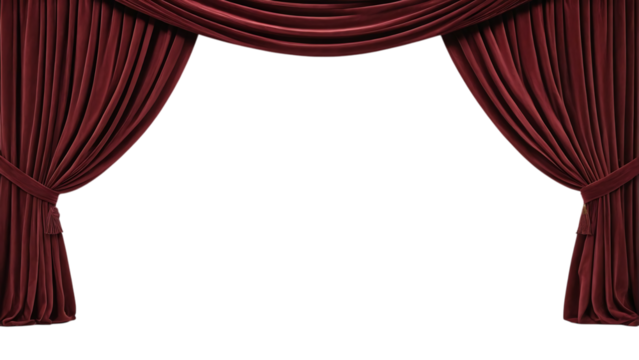Elegant red velvet theater curtains pulled back on a black background